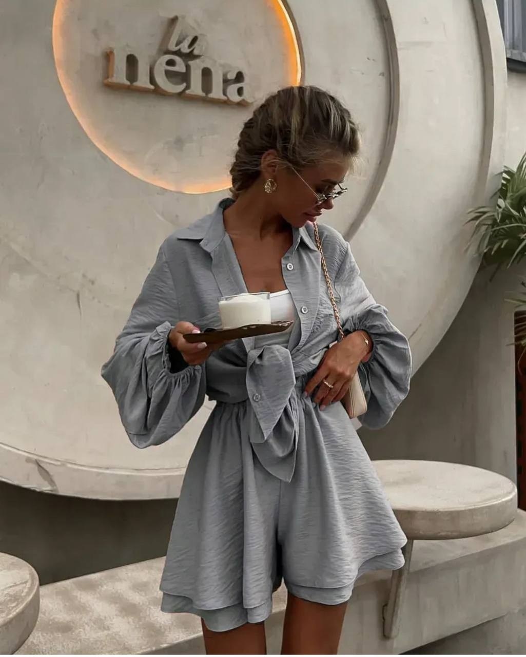 летний костюм с шортами и рубашкой оверсайз salimis,костюм летний женский с шортами и рубашкой оверсайз,,комплект одежды костюм двойка с шортами,белые костюмы