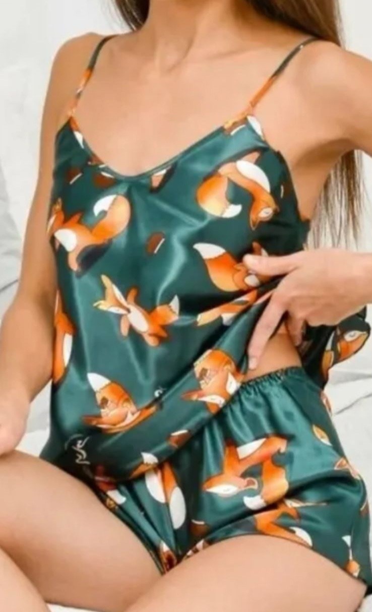 пижама женская,пижама женская шелковая с лисичками,пижама женская шелковая,комплект пижама,пижама с лисичками