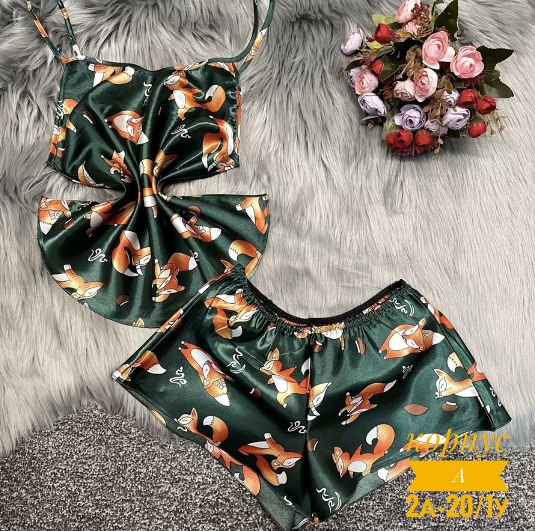 пижама женская,пижама женская шелковая с лисичками,пижама женская шелковая,комплект пижама,пижама с лисичками