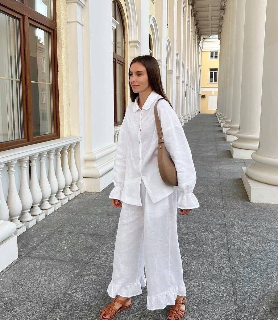 костюм с брюками палаццо,костюм льняной женский,брючный костюм,летние брючные костюмы