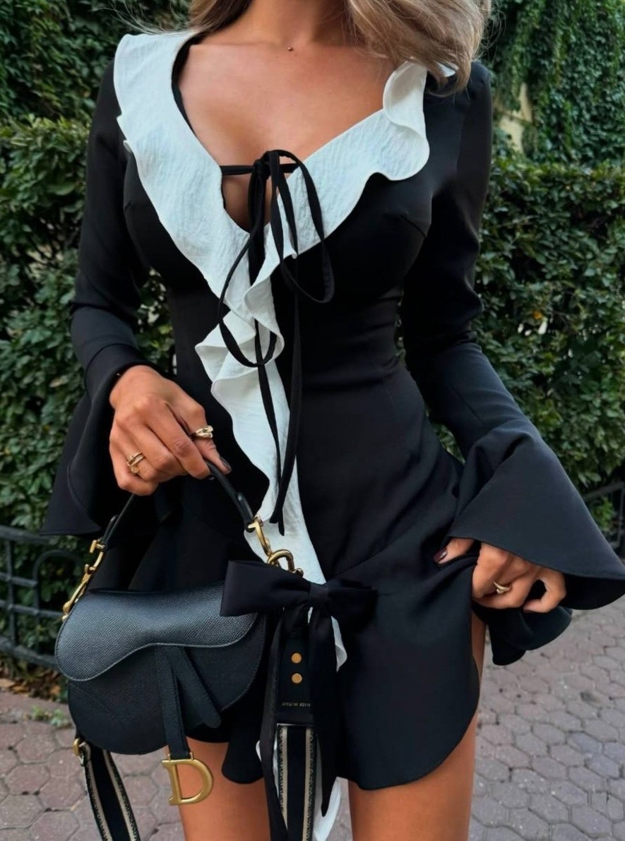 платье вечернее с воланами мини,платье трендовое с рюшами черно-белое,платье с рюшами,платье стильное,женское платье