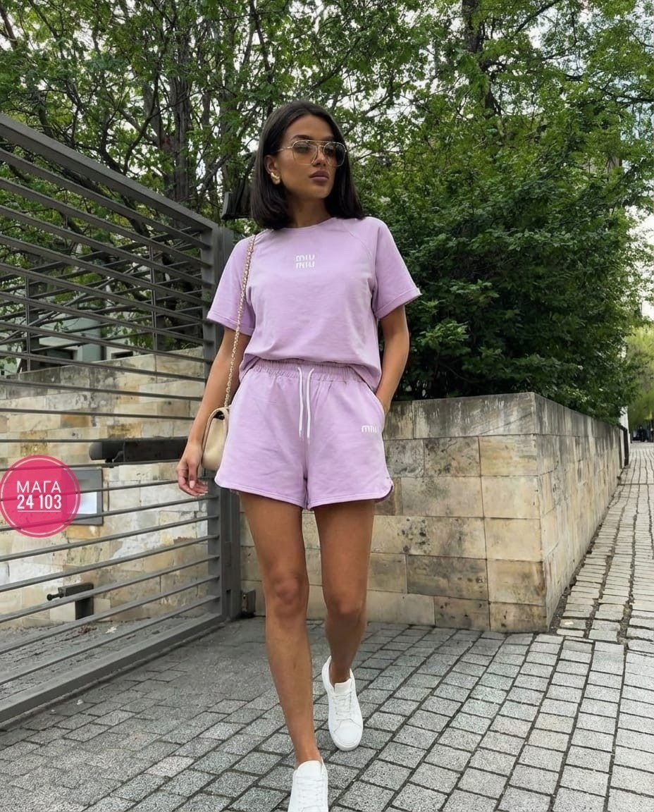 спортивный костюм шорты и футболка фиолетовый,костюм женский с шортами,костюм с шортами,летний костюм с шортами,трикотажный костюм с шортами