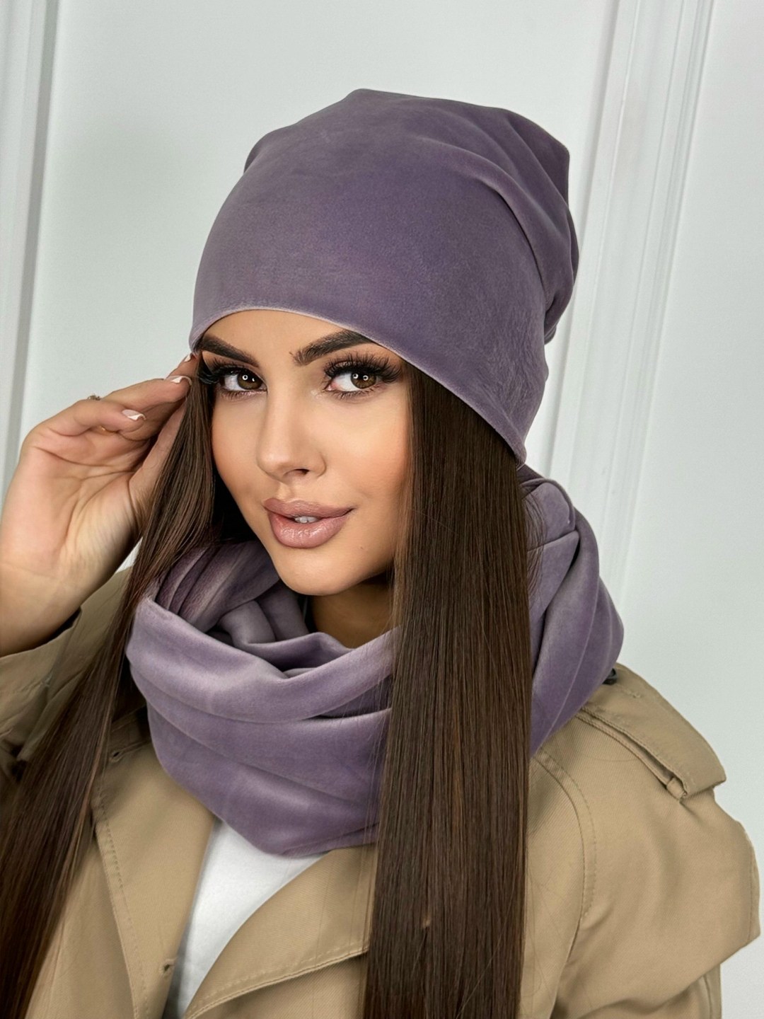 комплект женский шапка и хомут,велюровая шапка,шарф женские,велюровый комплект,комплект шапка снуд женский