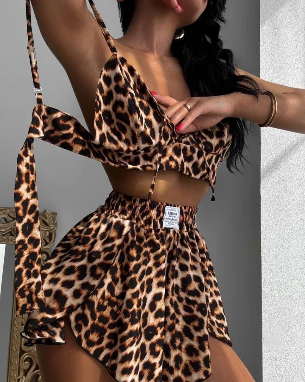 пижама женская с леопардовым принтом,костюм леопардовый,костюм с принтом,летний костюм