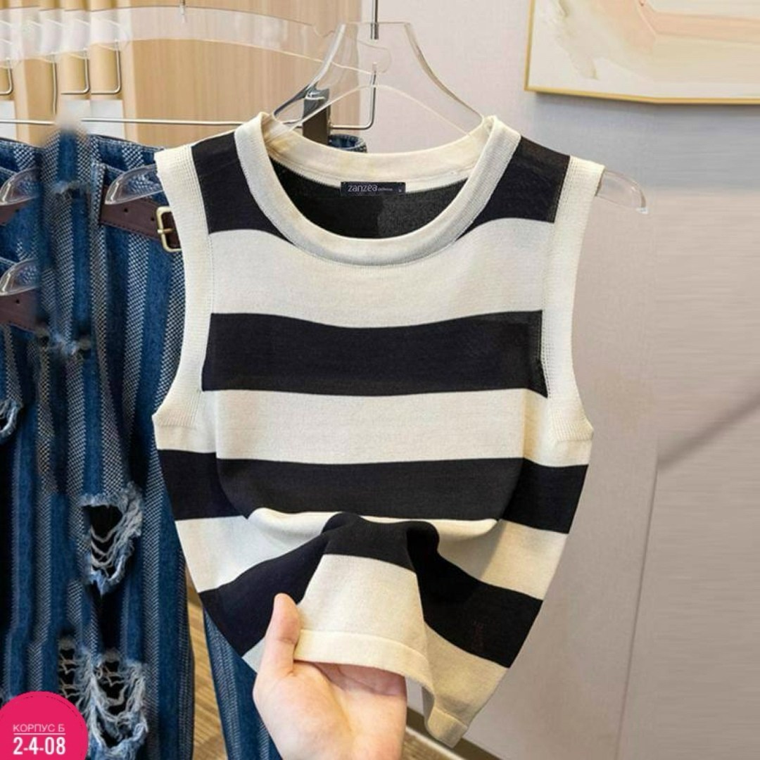 летние топы без рукавов,вязаные жилеты,трикотажный жилет,жилет в полоску,трикотажный топ