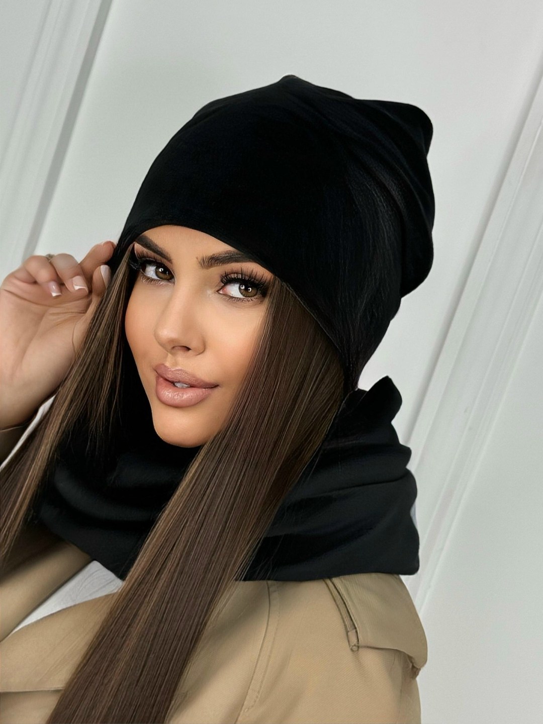 комплект женский шапка и хомут,велюровая шапка,шарф женские,велюровый комплект,комплект шапка снуд женский