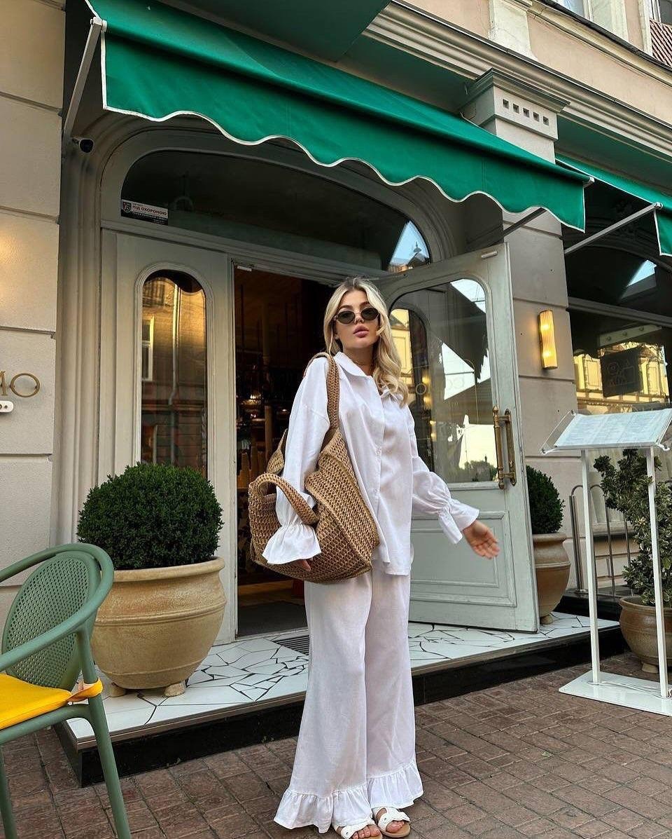 костюм с брюками палаццо,костюм льняной женский,брючный костюм,летние брючные костюмы