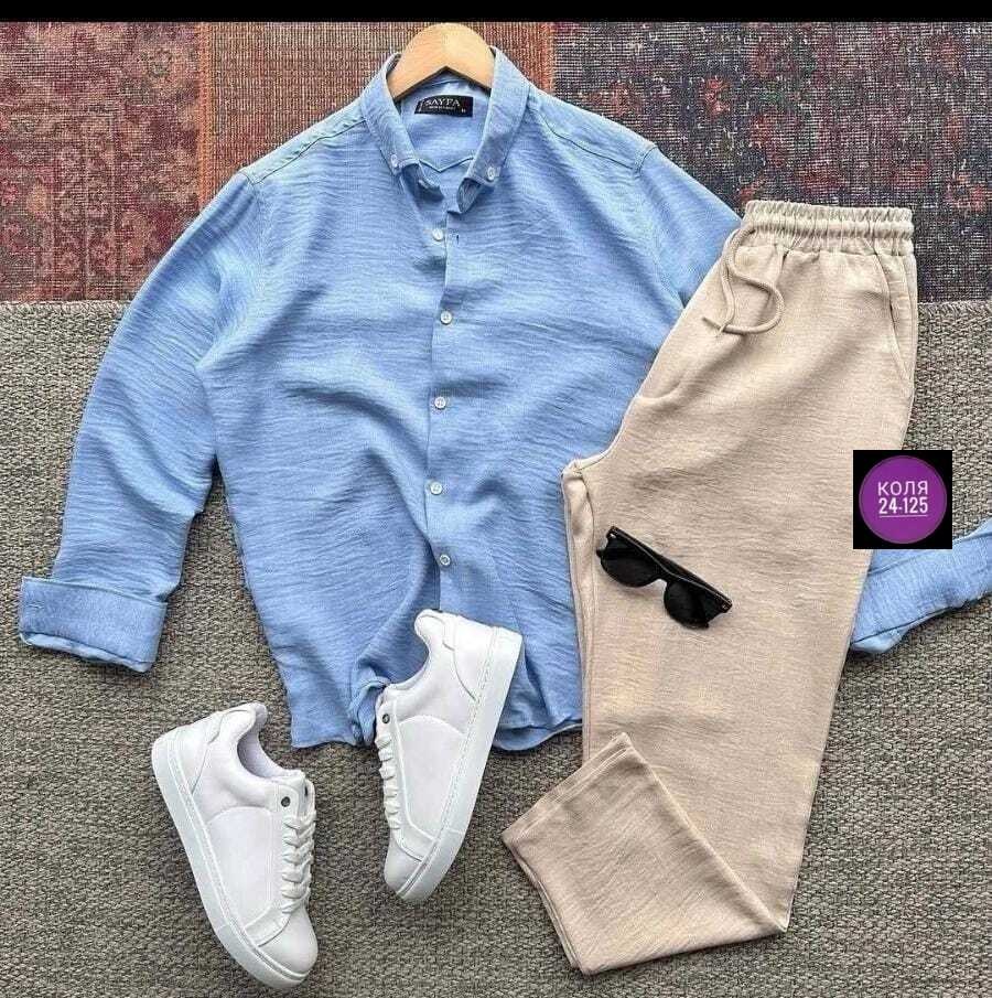 летние мужские костюмы,мужская мода,костюм брючный с рубашкой,бежевый костюм,комплект рубашка и брюки