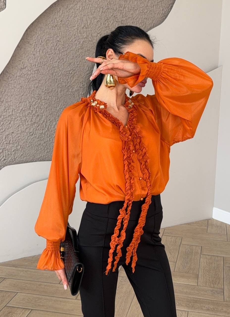 блузка оранжевая,блузка с оборками,женские блузки,модные блузки,повседневная блузка