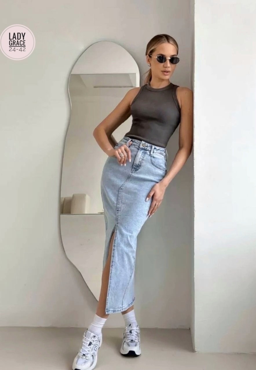 джинсовая юбка,джинсовая юбка длинная,джинсовая юбка миди,юбка джинсовая женская,юбка миди джинсовая с разрезом спереди ниже колен