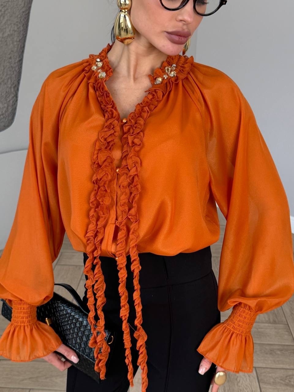 блузка оранжевая,блузка с оборками,женские блузки,модные блузки,повседневная блузка