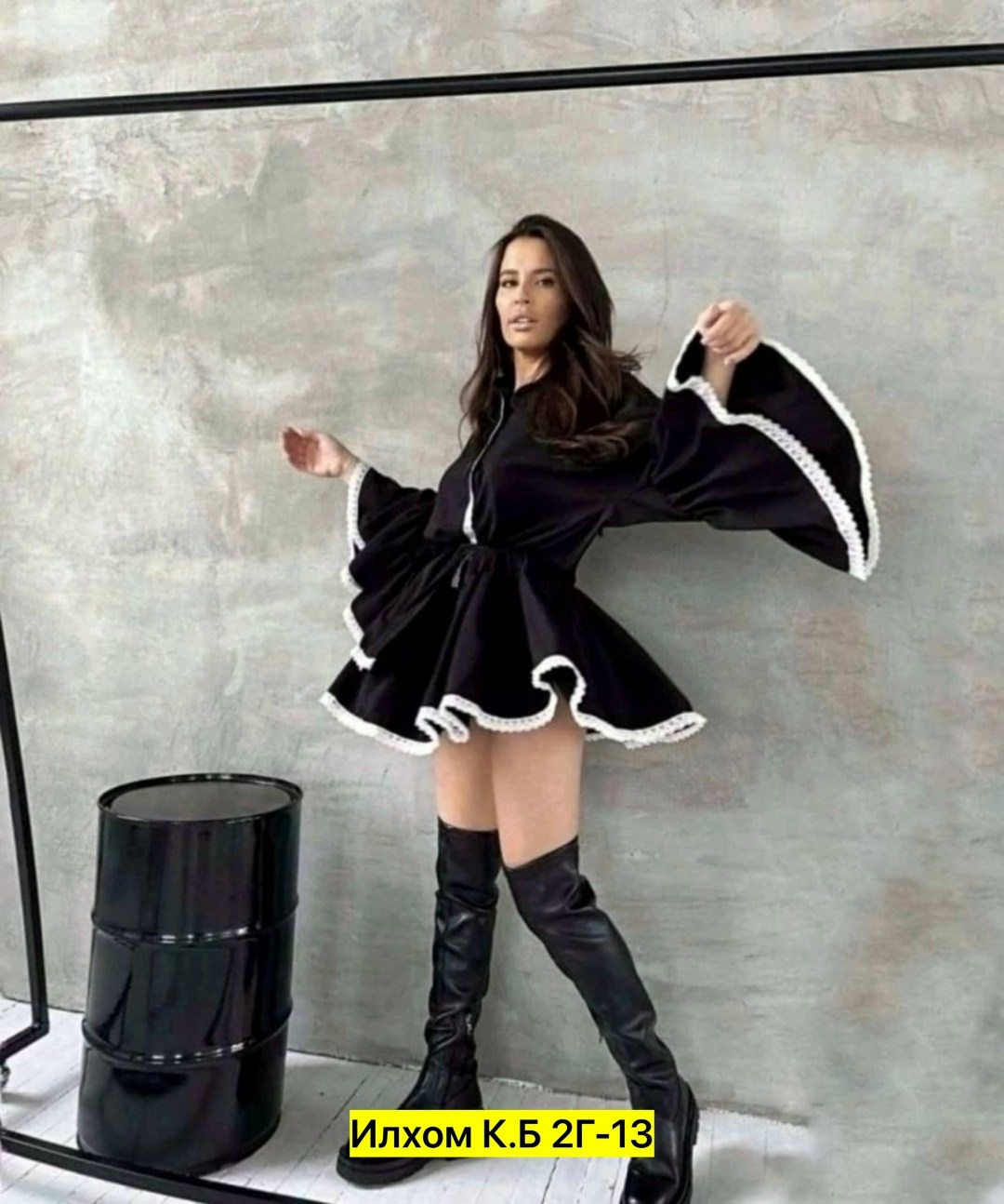 платье женское,платье,платье с отделкой кружевом, асимметричной юбкой-капустой и широкими рукавами, платье,женское платье с воланом