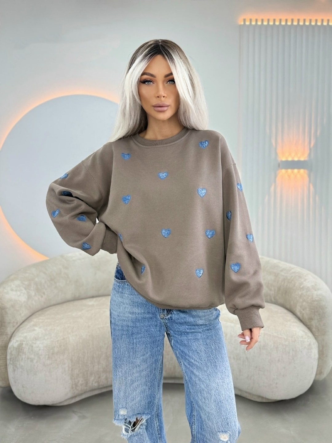 свитшот женская,женская кофта,свитшот оверсайз,свитшот с сердечками,кофта толстовка