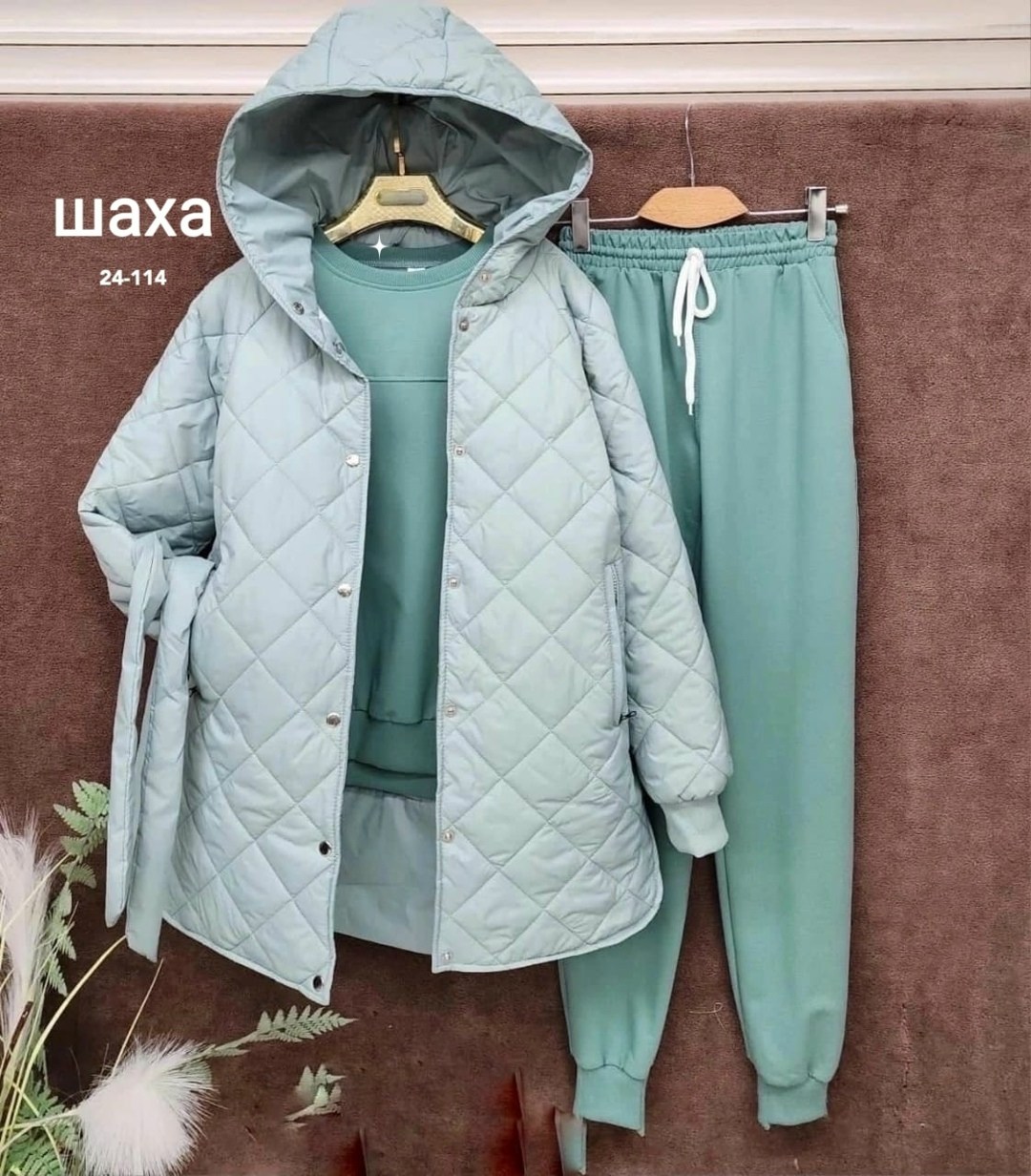 костюм женский тройка,костюм тройка на флисе,костюм спортивный тройка с длинным стеганым пальто cubi shop,костюм женский на флисе,костюм тройка с курткой