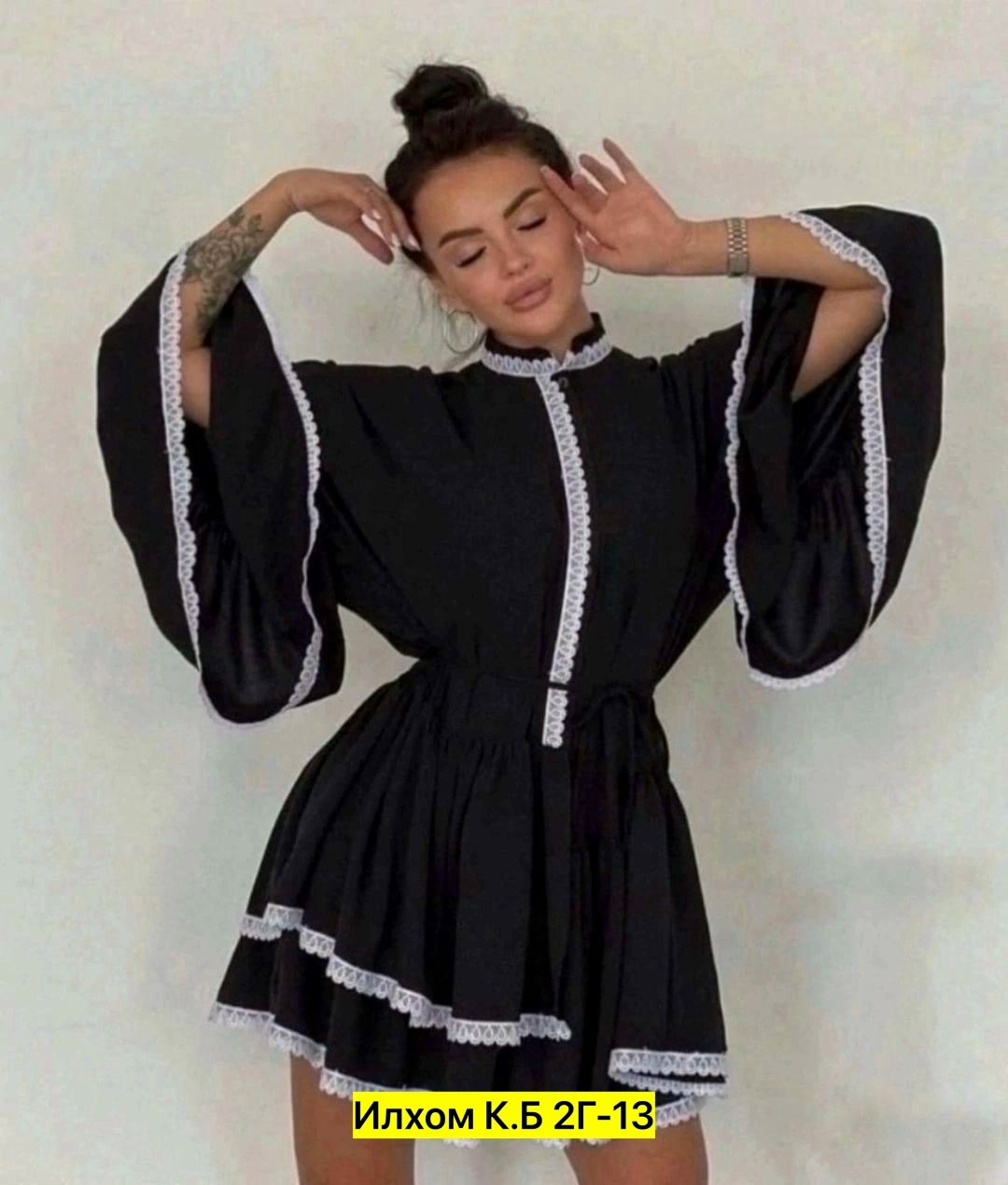 платье женское,платье,платье с отделкой кружевом, асимметричной юбкой-капустой и широкими рукавами, платье,женское платье с воланом