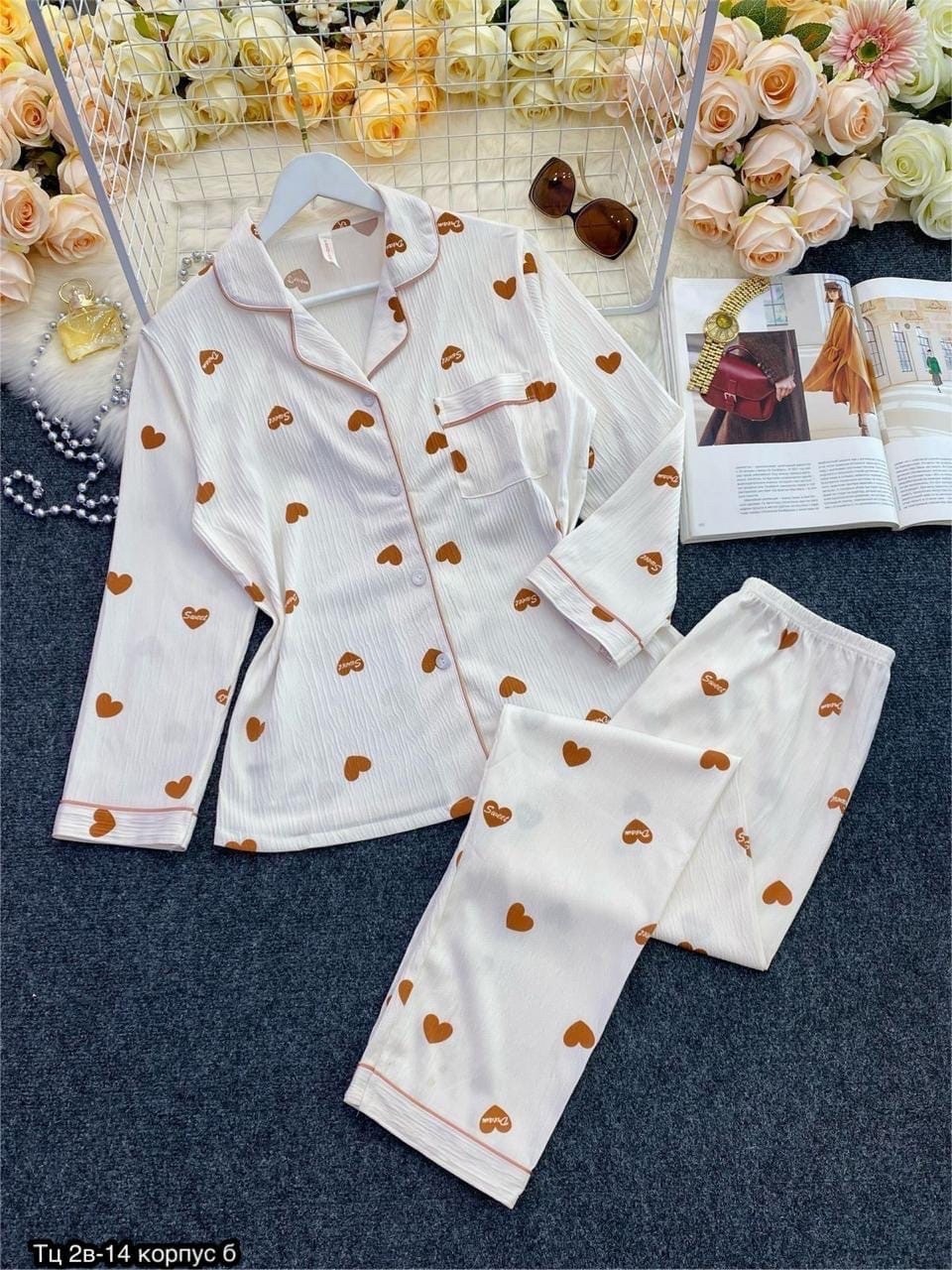 женская домашняя пижама,женская пижама,домашняя пижама с сердечками,пижама со штанами и рубашкой муслиновая с сердечками liway,комплект пижама