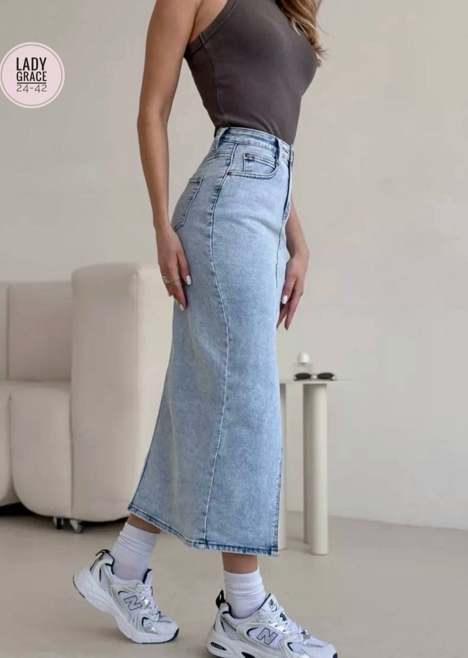 джинсовая юбка,джинсовая юбка длинная,джинсовая юбка миди,юбка джинсовая женская,юбка миди джинсовая с разрезом спереди ниже колен