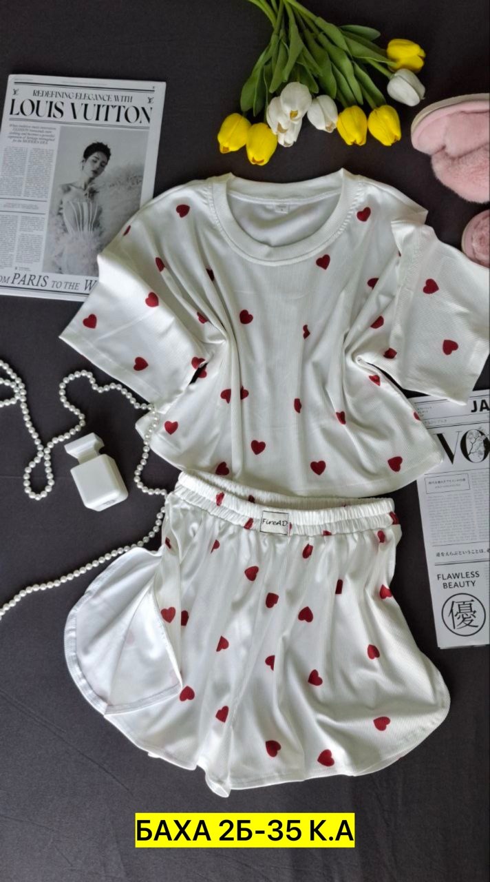 пижама женская с шортами,пижама женская,пижама с сердечками с шортами и топом костюм летний для дома umood 218997300,пижама с шортами с сердечками vetu 306865590,пижама с сердечками с шортами и топом
