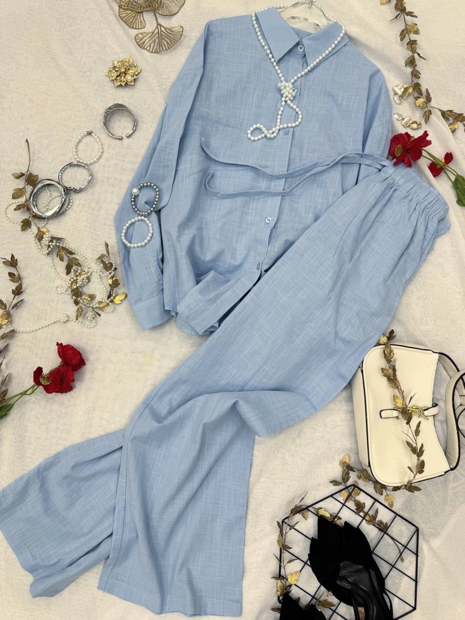 костюм брючный с блузой лен emberens 232766086,брючный костюм женский,костюм брючный с блузоном,костюм брючный 1053 голубой atelero,костюм брючный с блузой лен emberens голубой