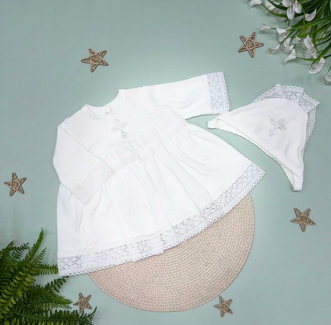 крестильный комплект "оранжевое небо",крестильный комплект,крестильное платье и чепчик,крестильное платье комплект для крещения малышеево,крестильный чепчик для девочки