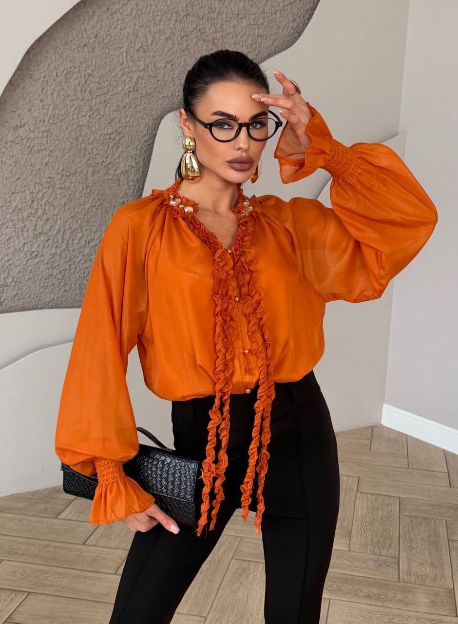 блузка оранжевая,блузка с оборками,женские блузки,модные блузки,повседневная блузка