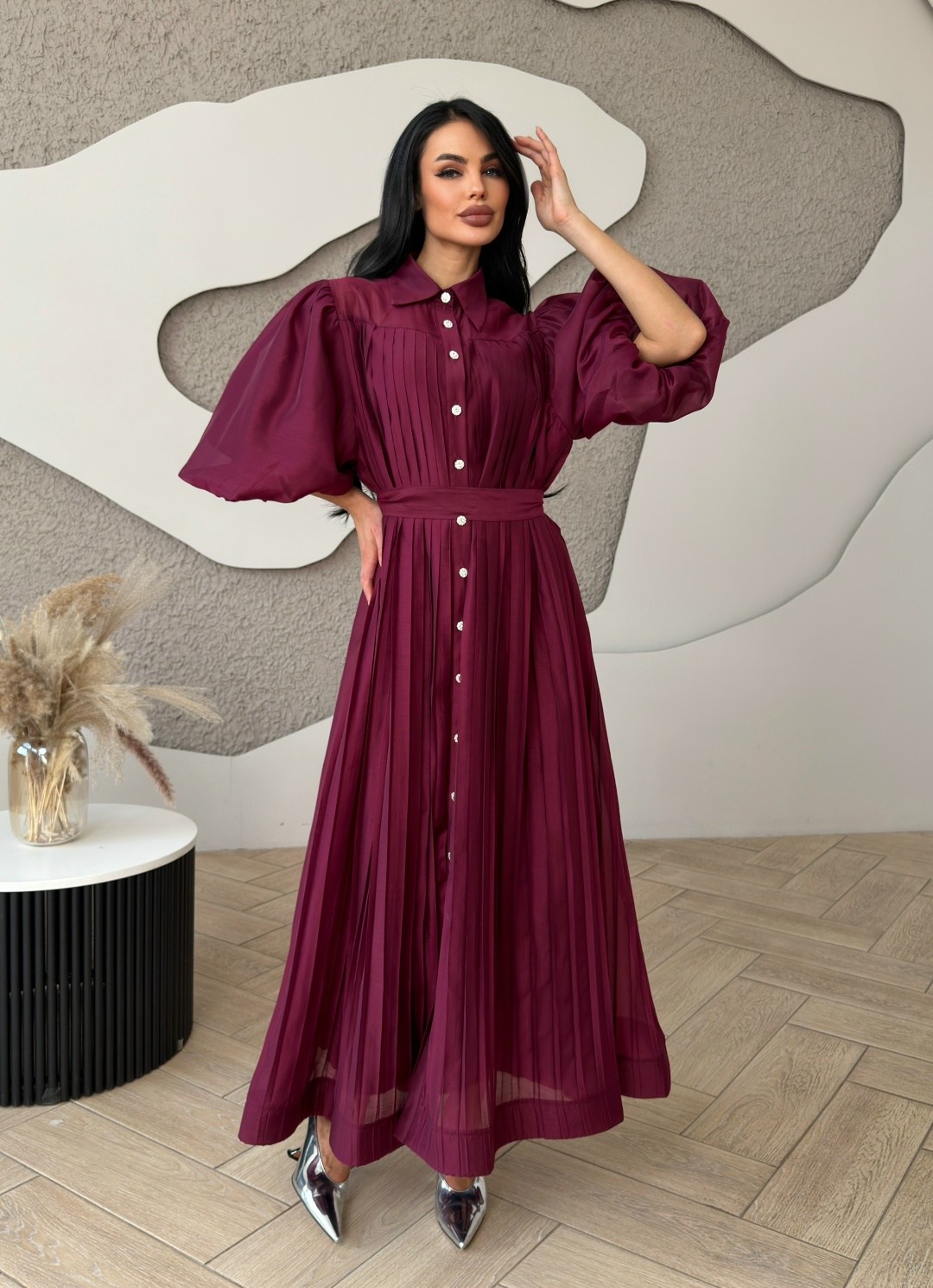 шифоновое платье,платья,платья в пол,платье плиссе,бордовое платье