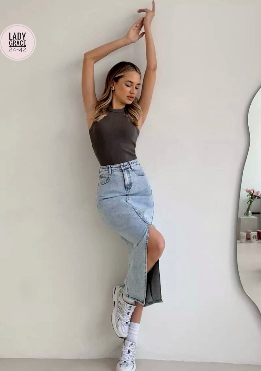 джинсовая юбка,джинсовая юбка длинная,джинсовая юбка миди,юбка джинсовая женская,юбка миди джинсовая с разрезом спереди ниже колен