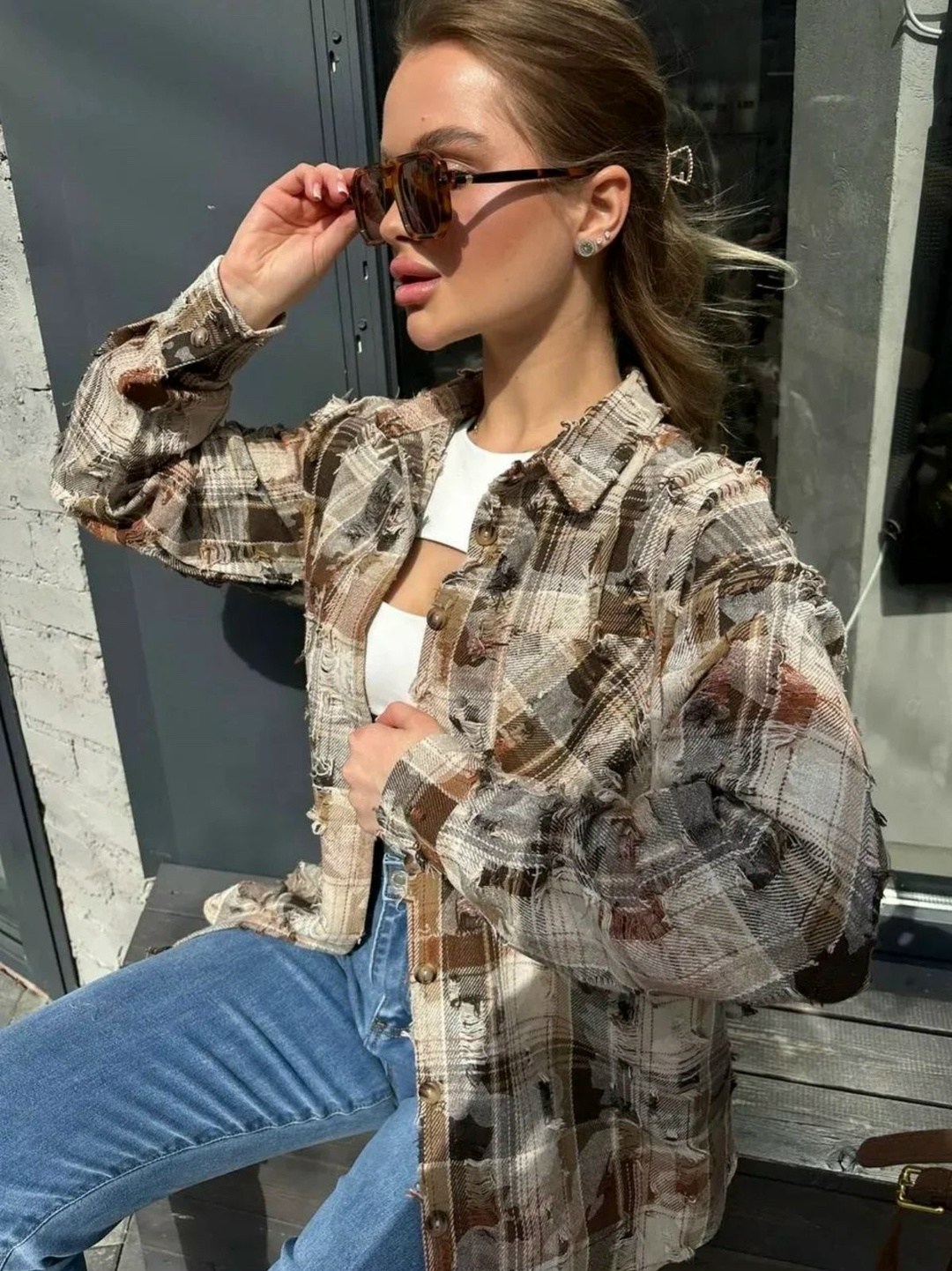 рубашка в клетку оверсайз варенка umalook,рубашка женская в клетку,рубашка в клетку оверсайз рваная,рубашка в клетку удлиненная,рубашка оверсайз в клетку рваная dream shop one love