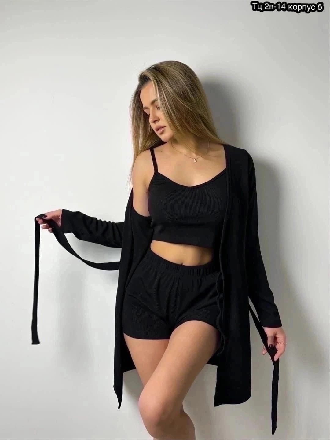 женская трикотажная пижама тройка,комплект халат и сорочка ночная,женская пижама+халат ткань лапша,костюм тройка женский,комплект женских