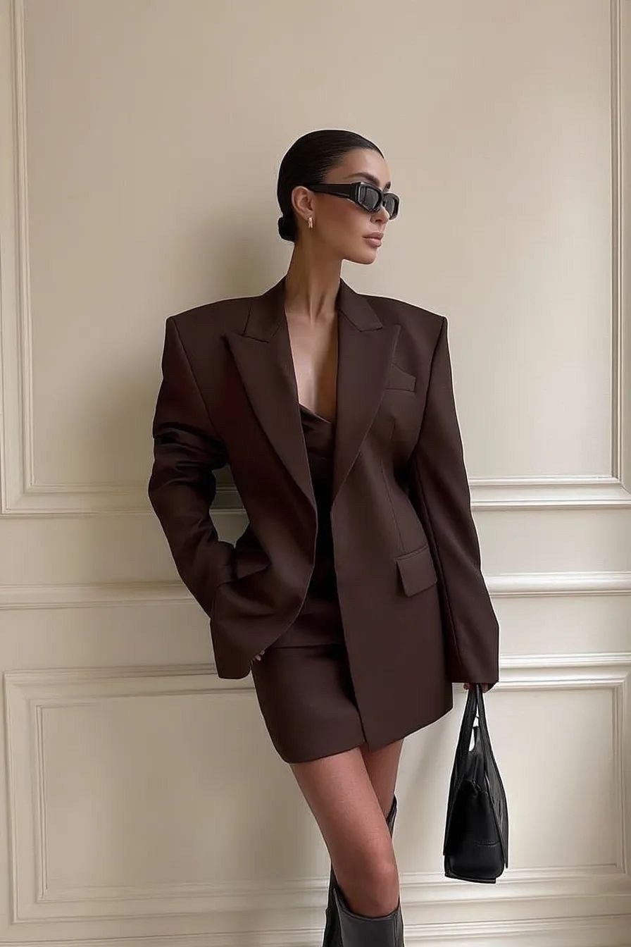 пиджак коричневый оверсайз genzel,пиджак женский оверсайз,пиджак оверсайз,женский пиджак,костюм с юбкой