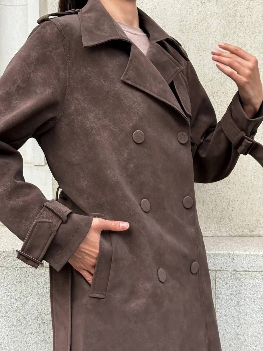 тренч,тренч замшевый длинный tinaria,плащ тренч,тренч пальто,замшевый тренч