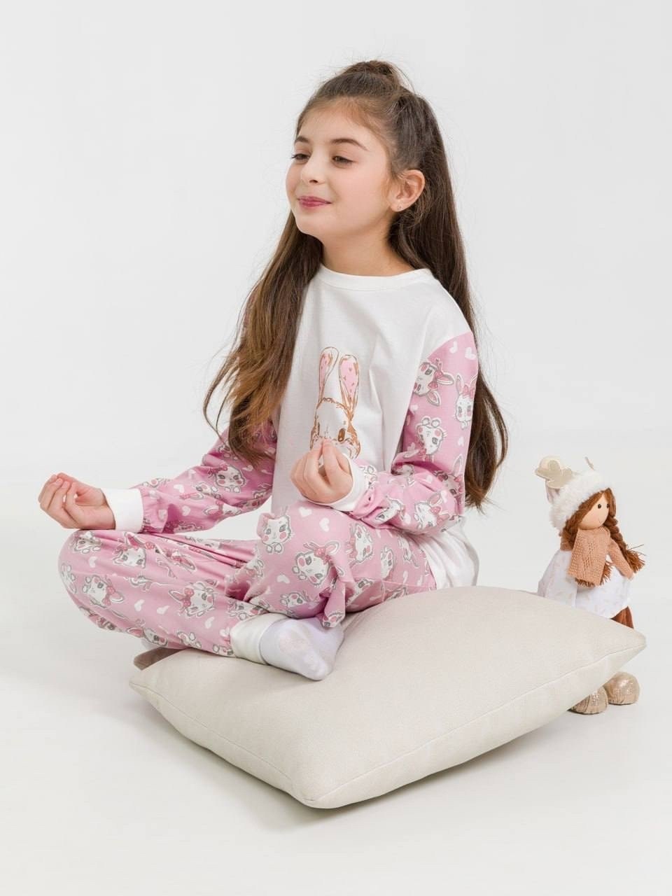 пижама для девочки kogankids пудровый набивка зайчики,пижама kogankids 371-313-39 светло-розовый,пижама для девочки цвет розовый рост 98 см,пижама для девочки kogankids пудровый набивка зайчики 128 /