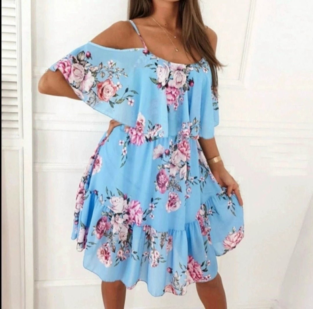 платье летнее женское,женское весенне-летнее новое шифоновое платье с принтом в европейском,голубое платье в цветочек,платье летнее,летние сарафаны