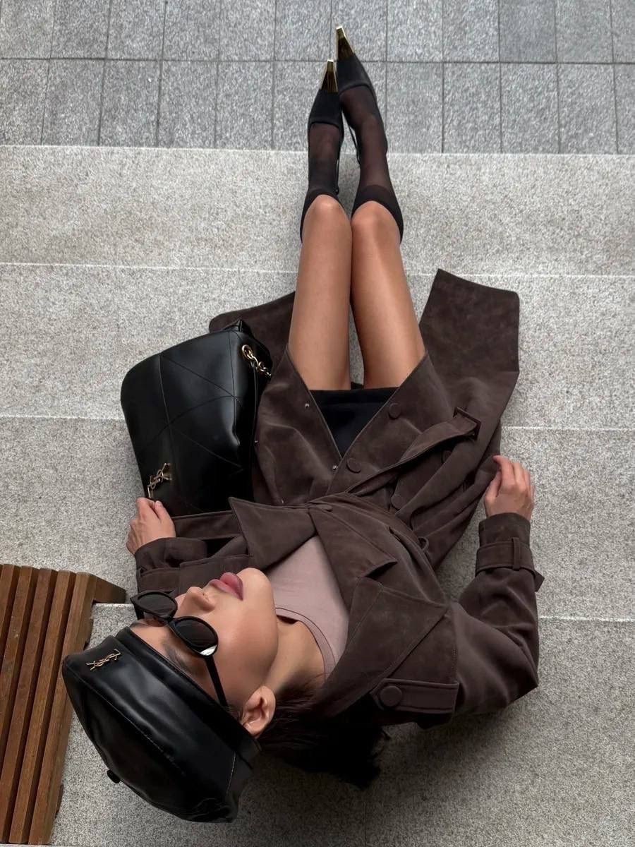 тренч,тренч замшевый длинный tinaria,плащ тренч,тренч пальто,замшевый тренч