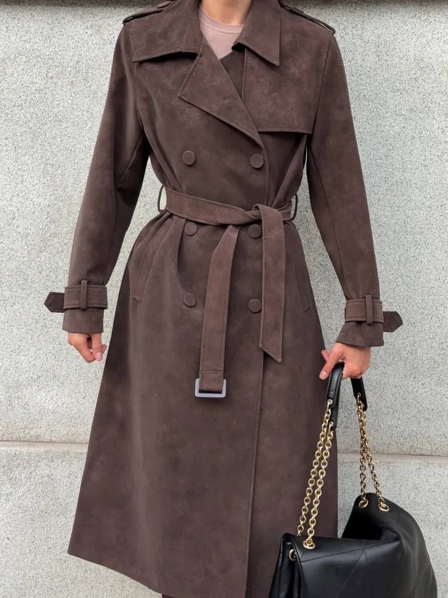 тренч,тренч замшевый длинный tinaria,плащ тренч,тренч пальто,замшевый тренч