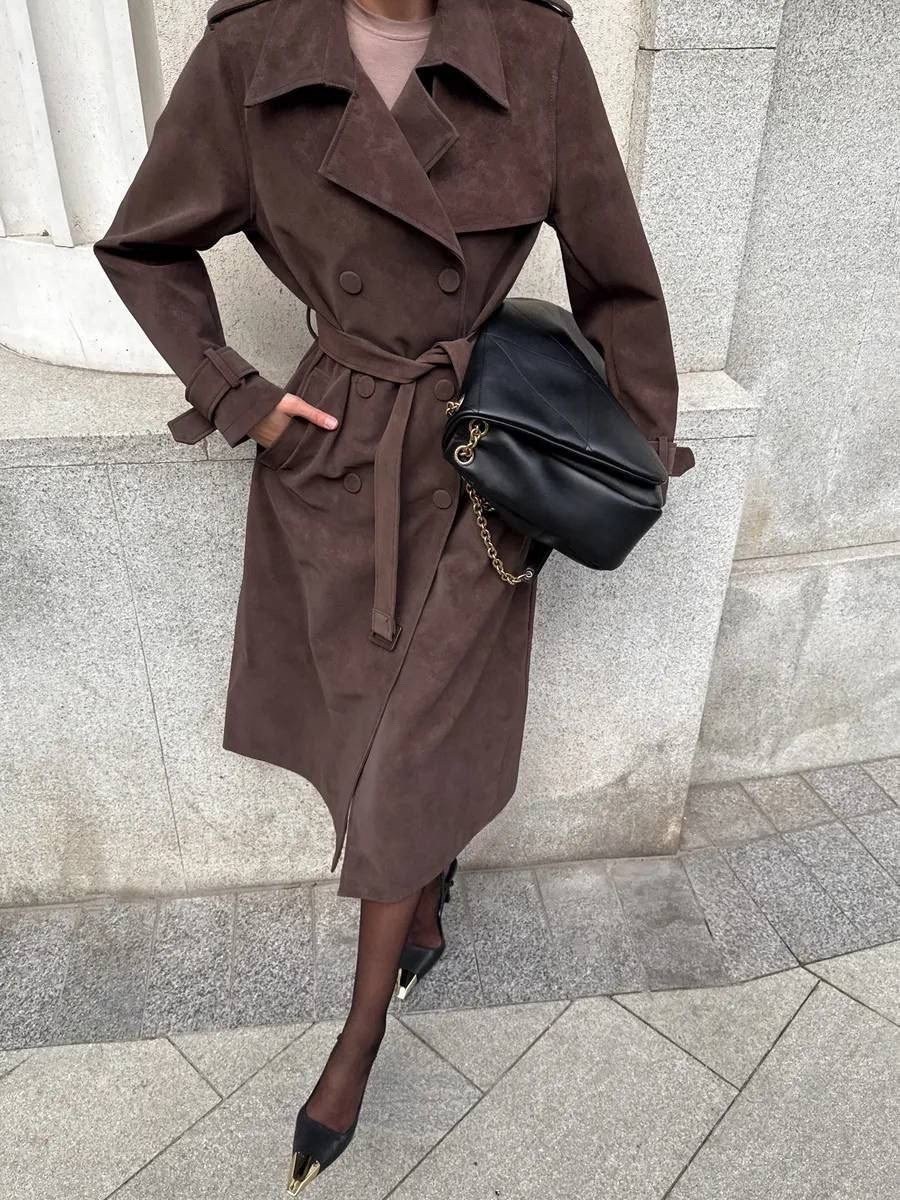 тренч,тренч замшевый длинный tinaria,плащ тренч,тренч пальто,замшевый тренч