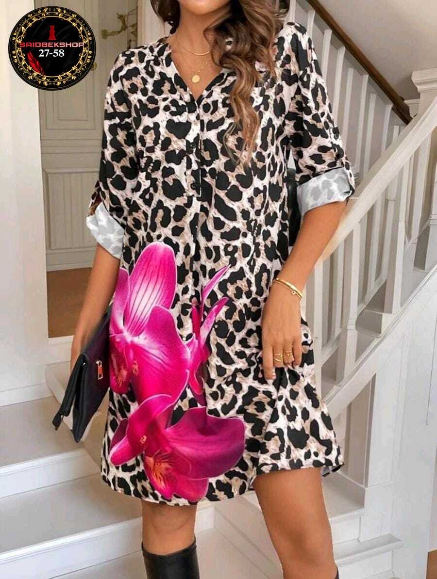 платье с леопардовым принтом,платье туника,платье женской,женское летнее платье-рубашка poliester леопардовый принт,женское платье с леопардовым принтом