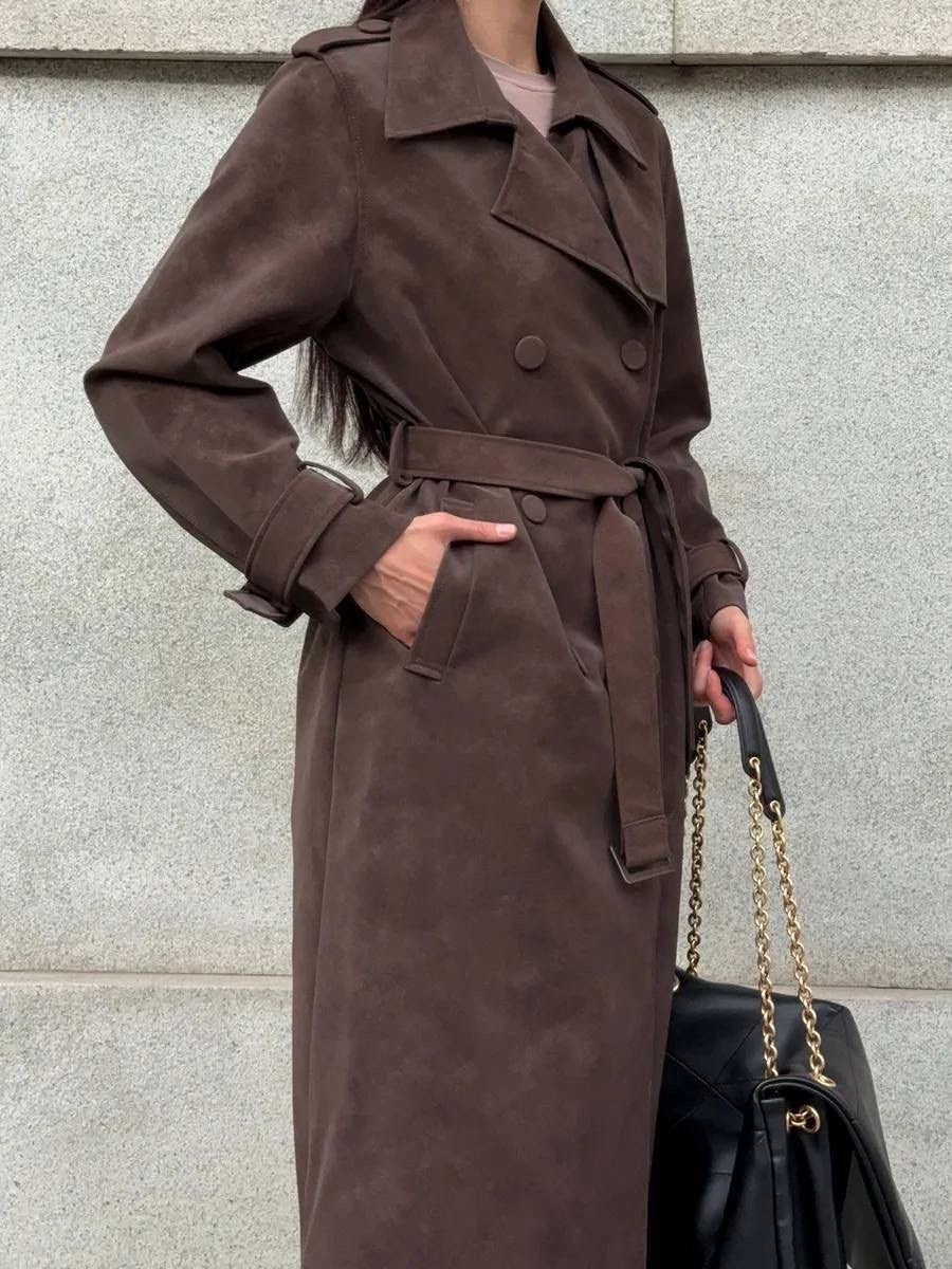 тренч,тренч замшевый длинный tinaria,плащ тренч,тренч пальто,замшевый тренч