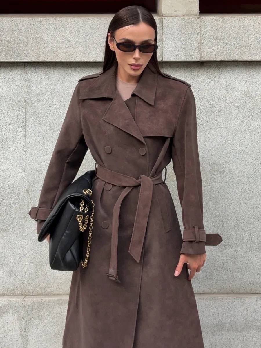 тренч,тренч замшевый длинный tinaria,плащ тренч,тренч пальто,замшевый тренч