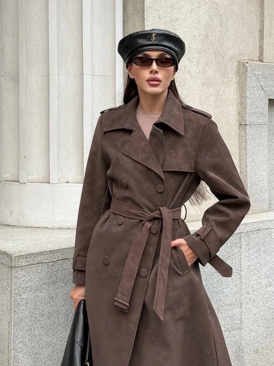 тренч,тренч замшевый длинный tinaria,плащ тренч,тренч пальто,замшевый тренч