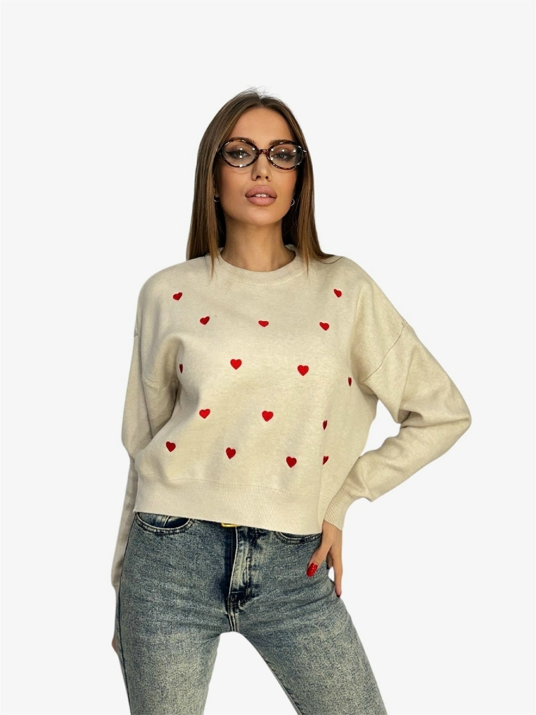 женский свитер,свитшот женская,женская кофта,свитер с сердечками,свитер с сердечками с кашемира свободного кроя