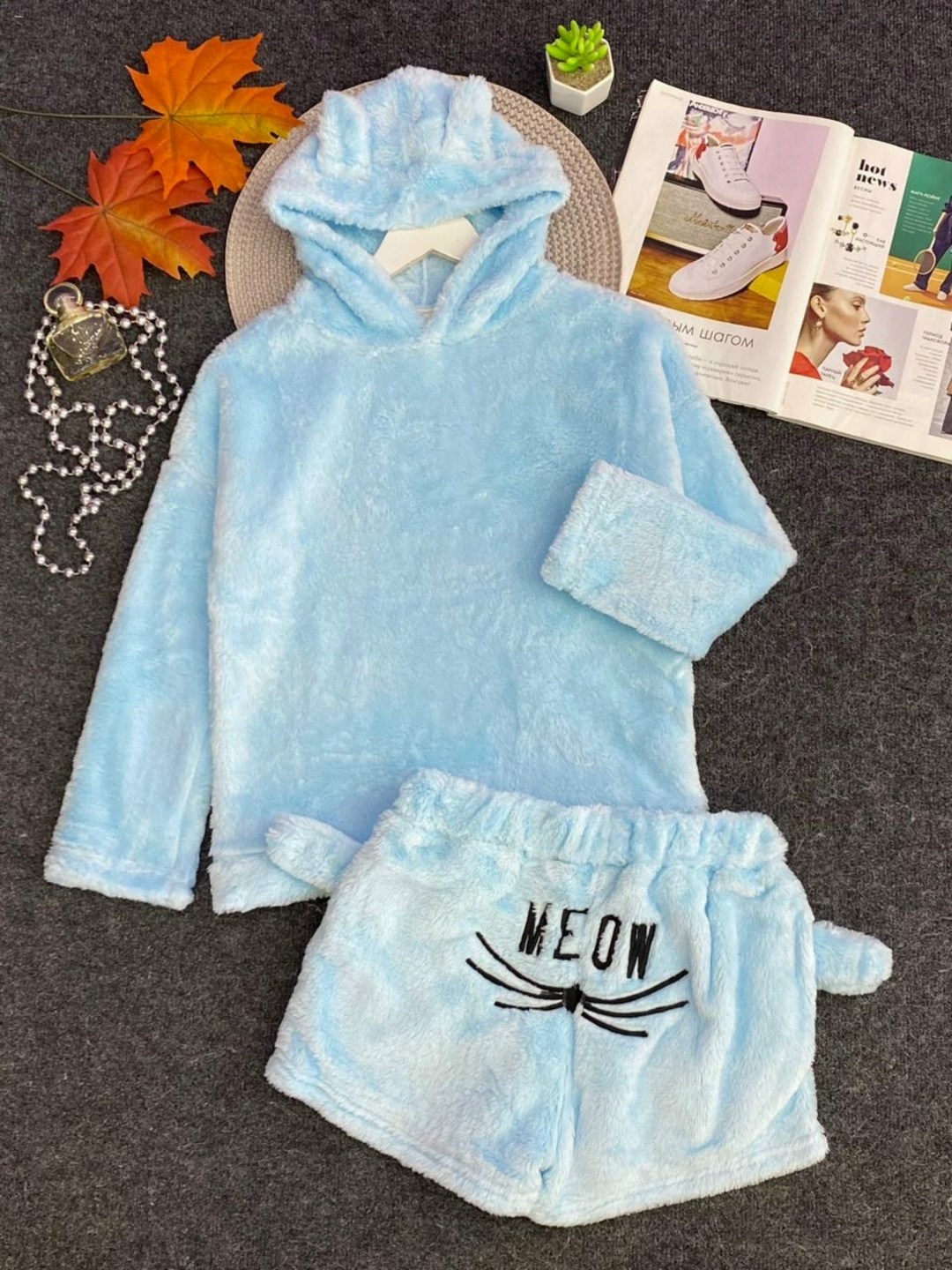 пижама махровая женская meow,пижама теплая,комплект пижама,пижама с капюшоном,женская пижама