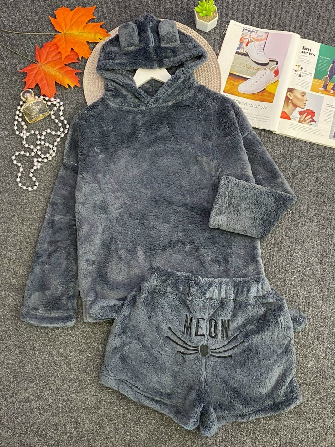 пижама махровая женская meow,пижама теплая,комплект пижама,пижама с капюшоном,женская пижама