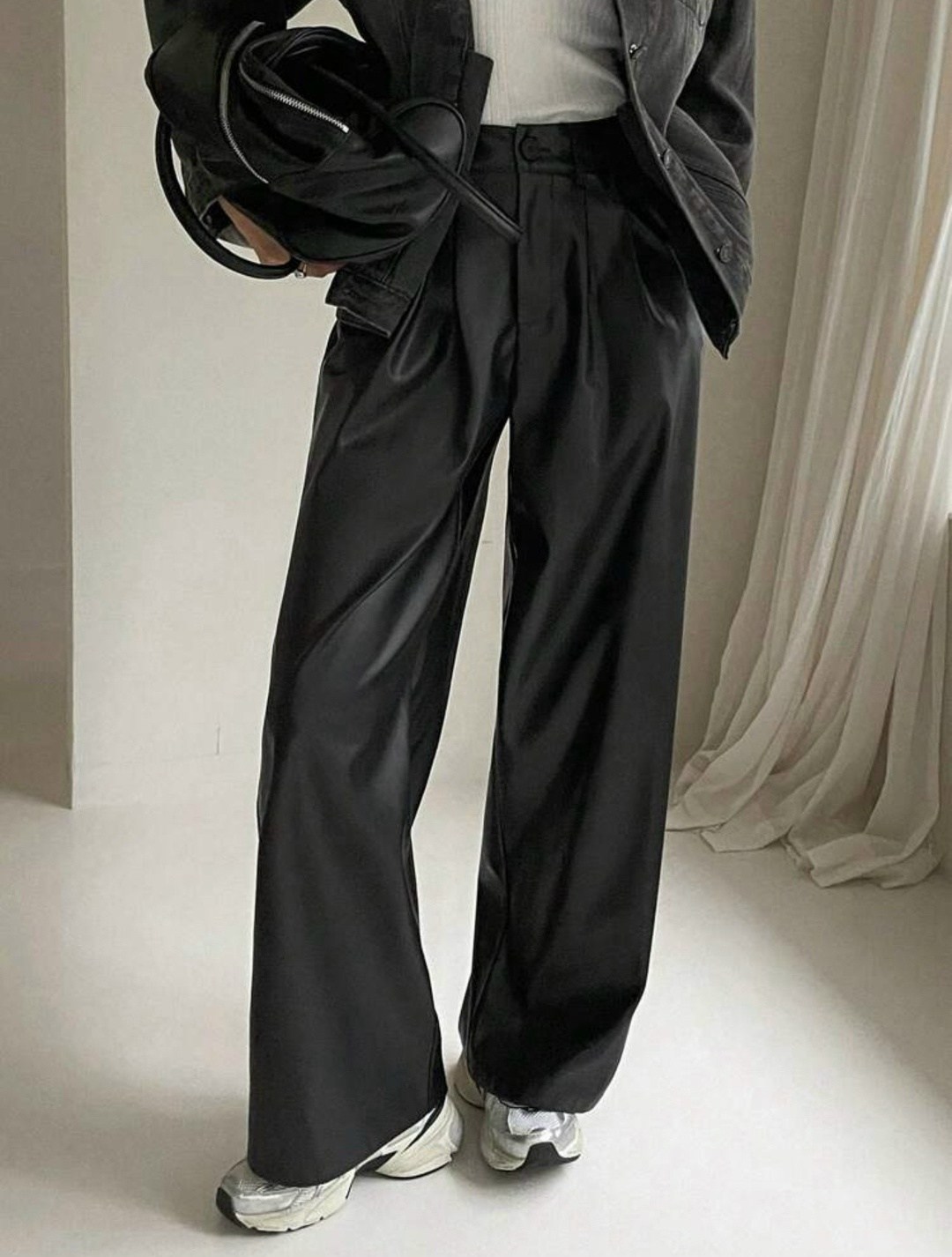 lanmrem модные широкие брюки из искусственной кожи,брюки женские широкие,широкие брюки из искусственной кожи,брюки женские из искусственной кожи,осенние модные прямые брюки из искусственной кожи