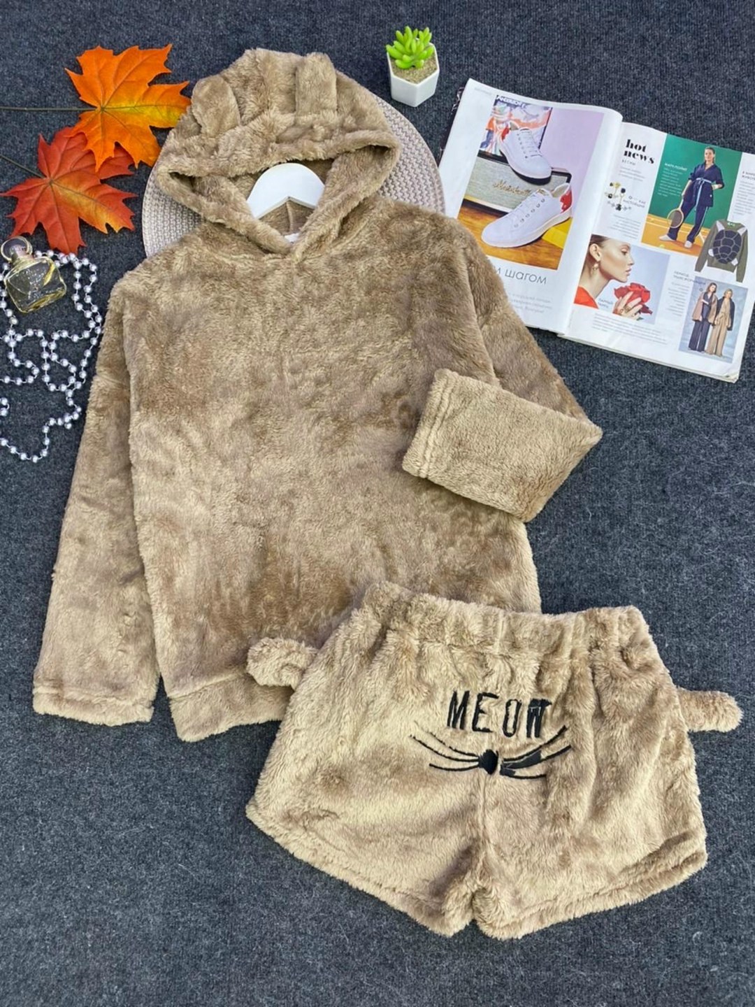 пижама махровая женская meow,пижама теплая,комплект пижама,пижама с капюшоном,женская пижама