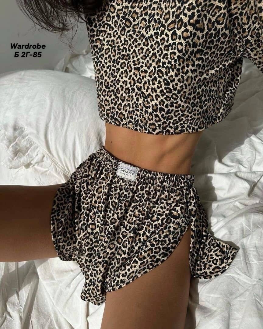 пижама с шортами и футболкой трикотажная леопардовая beamuuur,пижама женская костюм,женская пижама с шортами,пижама женская,пижама домашний комплект
