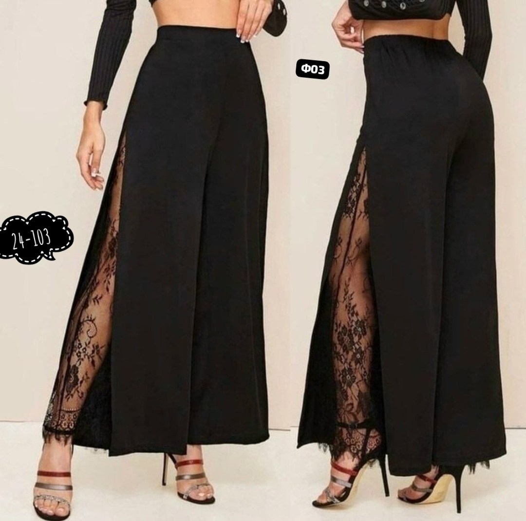 брюки с кружевом,кружевные брюки,брюки модные,брюки женские,черные широкие брюки с кружевом