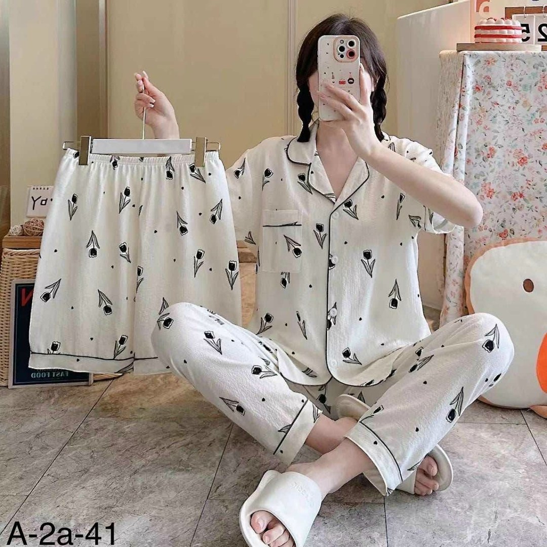 пижама муслиновая 3 в 1 с рубашкой шортами и штанами elmira_home,пижама женская тройка,женские пижамы,комплект женской пижамы,пижама белая