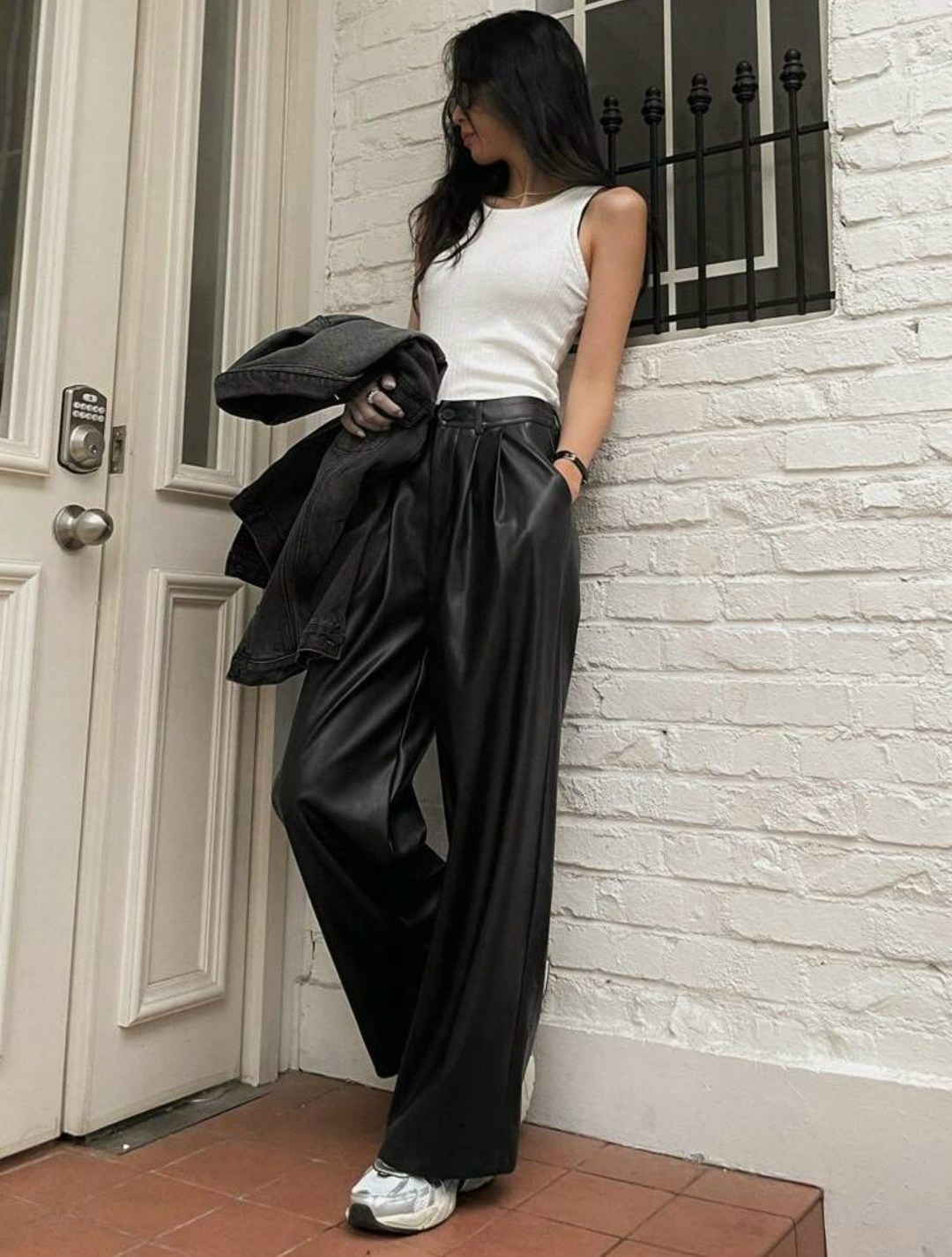 lanmrem модные широкие брюки из искусственной кожи,брюки женские широкие,широкие брюки из искусственной кожи,брюки женские из искусственной кожи,осенние модные прямые брюки из искусственной кожи