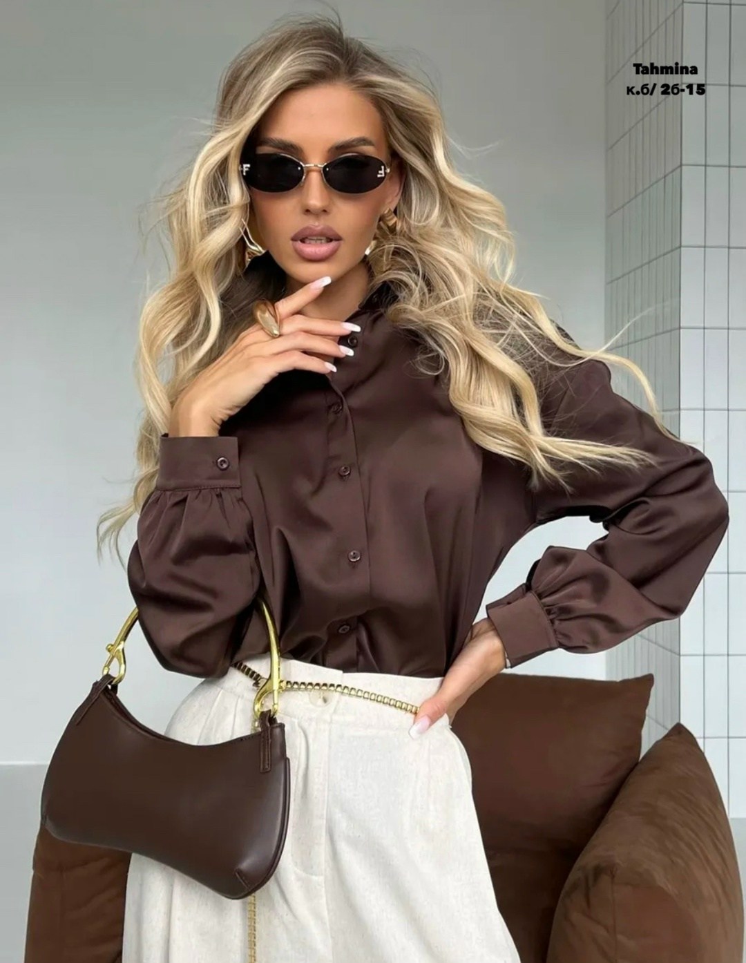 рубашка блузка шелковая атласная oklab 258021519,женская блузка,рубашка женская,рубашка офисная атласная шелковая,блузка рубашка шелковая нарядная в офис цвет шоколадный коричневый